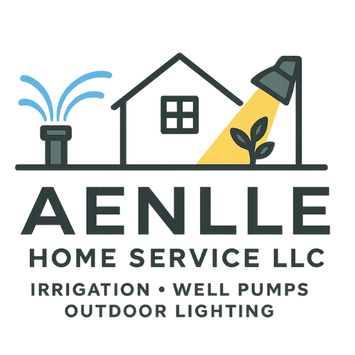 Aenlle Home Service LLC logo with house, irrigation, and outdoor lighting icons